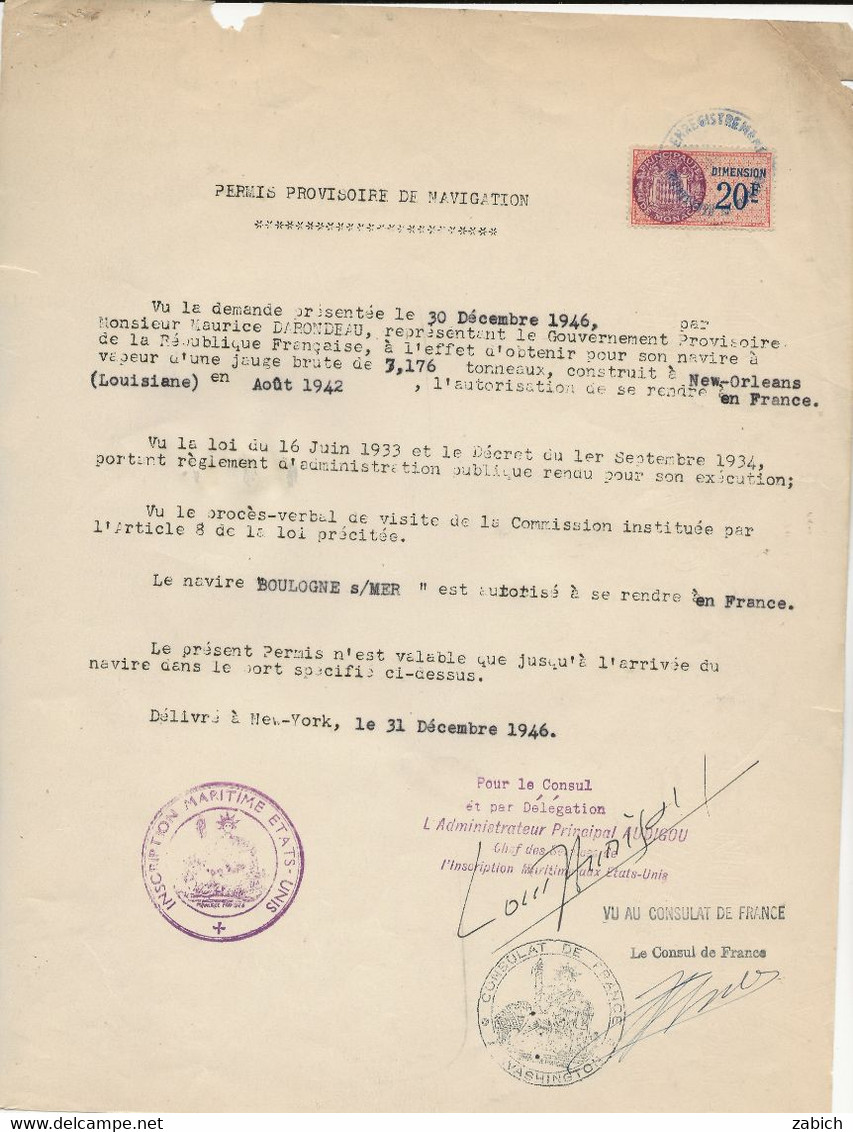 FISCAUX  FRANCE/ MONACO 1946 CONSULAT GENERAL à WASHINGTON DIMENSION MONACO N°21 20 F ROSE - Fiscale Zegels