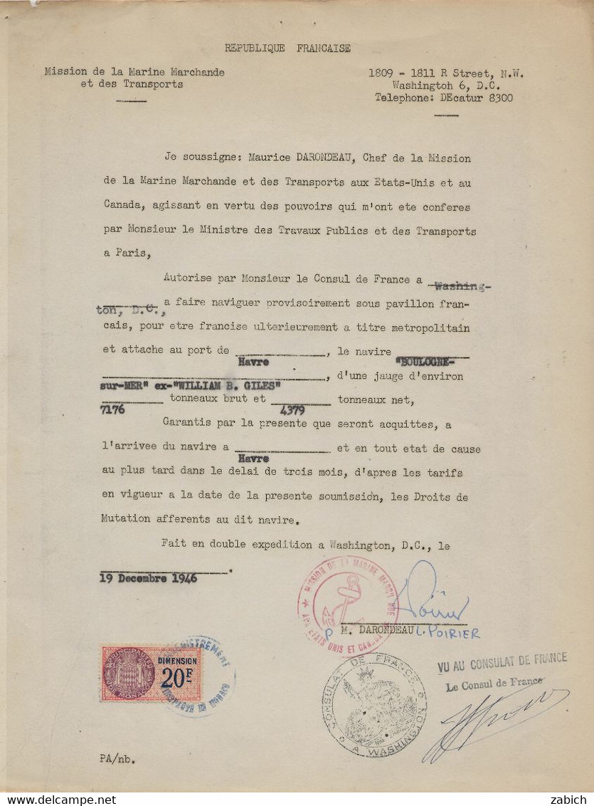 FISCAUX  FRANCE/ MONACO 1946 CONSULAT GENERAL à WASHINGTON DIMENSION MONACO N°21 20 F ROSE - Fiscale Zegels