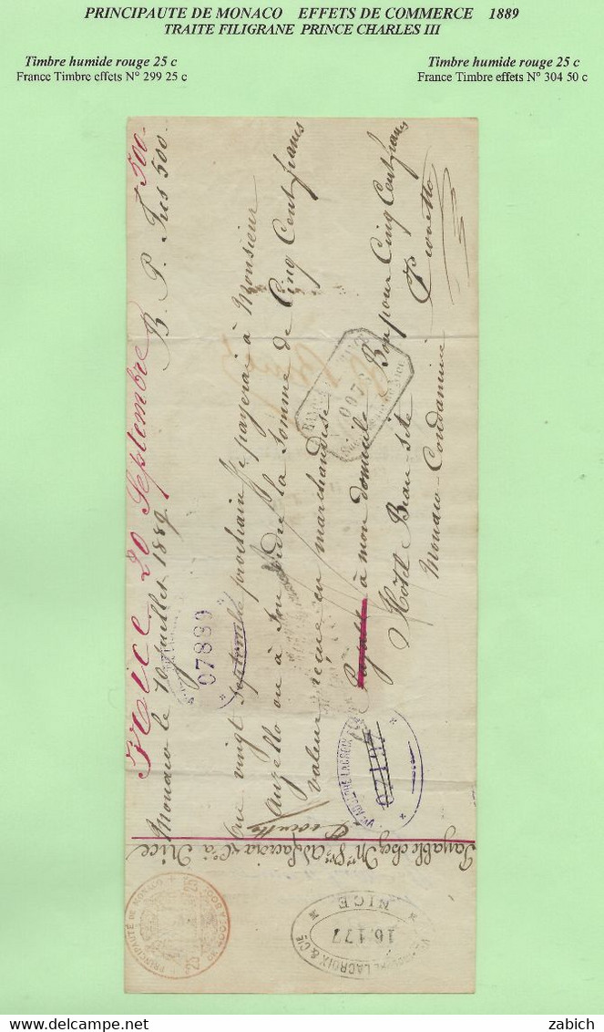 FISCAUX DE MONACO COUPON DE LA DEBITE 1889 FLIGRANE CHARLES III 10 C De 100F à 200F - Fiscales