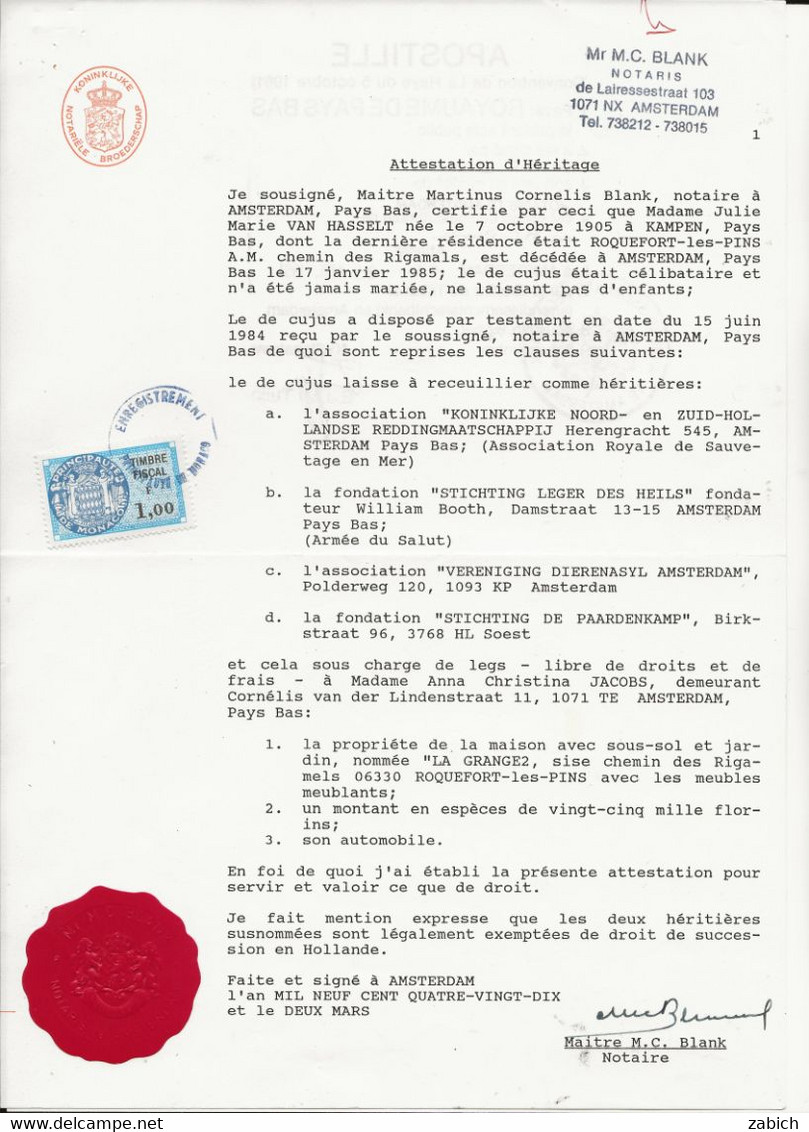 FISCAUX PAYS BAS/ MONACO 1991 SERIE UNIFIEE N°89 1 F BLEU APOSTILLE DES PAYS BAS - Fiscale Zegels