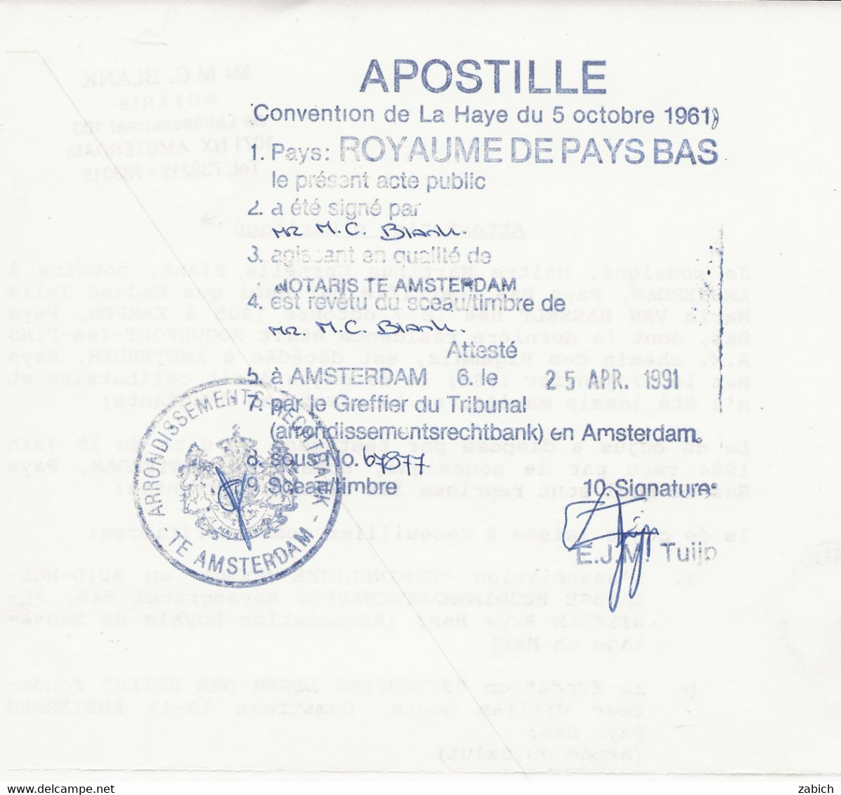 FISCAUX PAYS BAS/ MONACO 1991 SERIE UNIFIEE N°89 1 F BLEU APOSTILLE DES PAYS BAS - Steuermarken