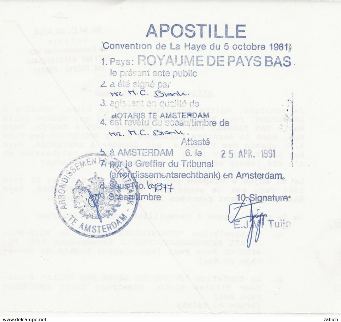 FISCAUX PAYS BAS/ MONACO 1991 SERIE UNIFIEE N°89 1 F BLEU APOSTILLE DES PAYS BAS - Fiscale Zegels