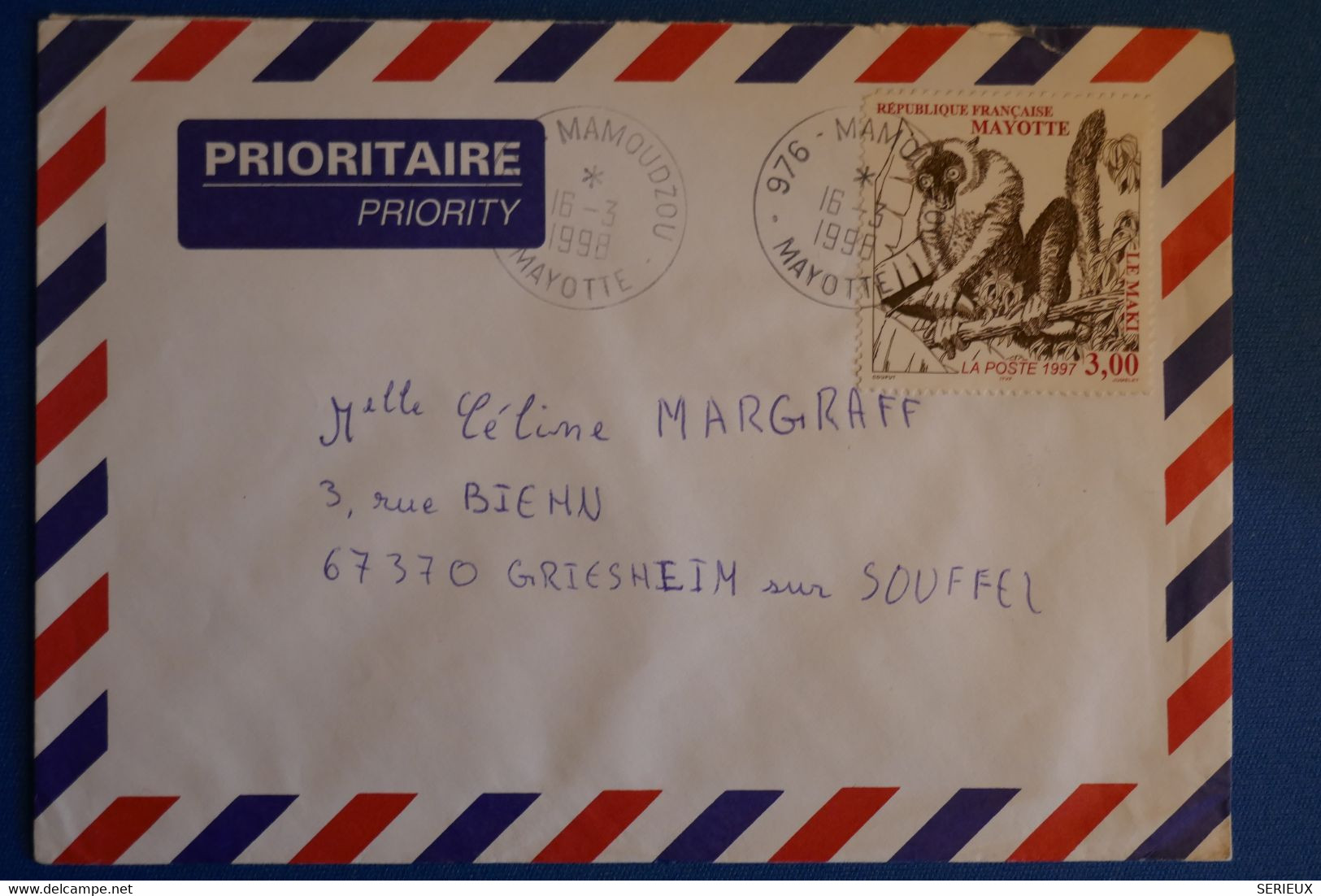 M22 MAYOTTE BELLE LETTRE  1998 MAMOUDZOU POUR GRIESHEIM  FRANCE + TEMOIGNAGE + AFFRANCHISSEMENT PLAISANT - Covers & Documents