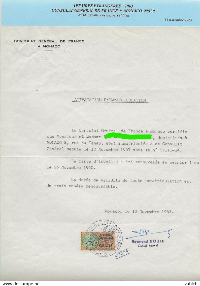 FISCAUX  FRANCE/ MONACO 1963 Immatriculation Au CONSULAT DE FRANCE AFF ETRANGERES N°14 GRATIS Beige, Vert Et Bleu - Fiscale Zegels