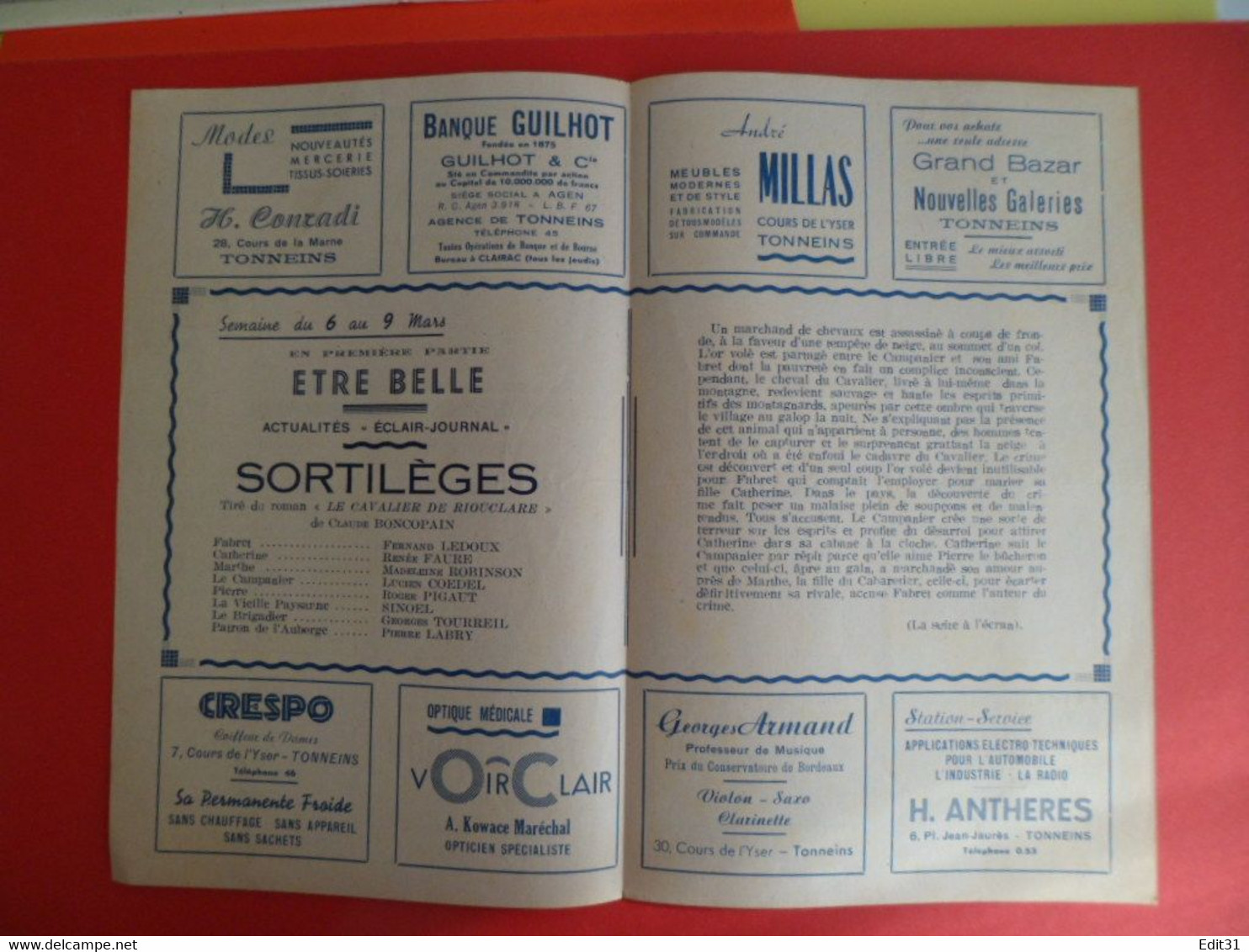 Publicités Locales  Cinema LE REX à TONNEINS Lot Et Garonne - Film 1945 SORTILEGES - Ledoux - Robinson - Pubblicitari