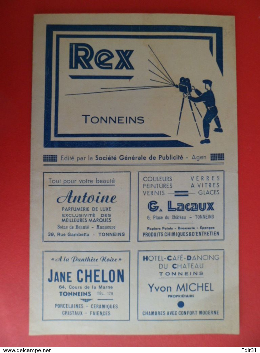 Publicités Locales  Cinema LE REX à TONNEINS Lot Et Garonne - Film 1945 SORTILEGES - Ledoux - Robinson - Pubblicitari