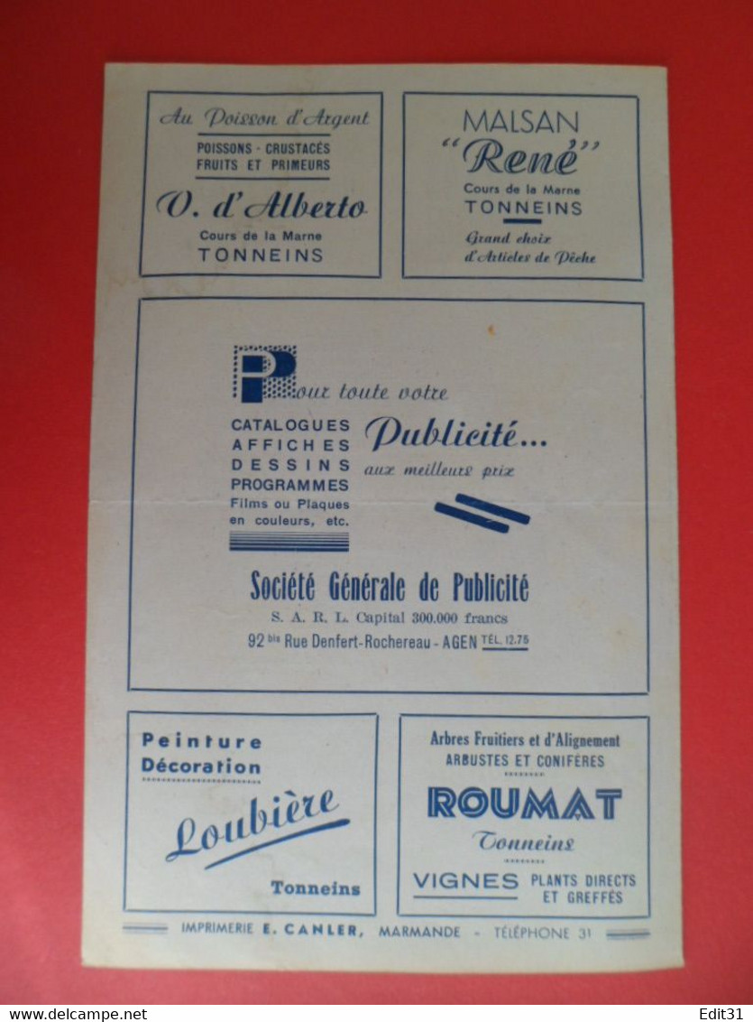 Publicités Locales  Cinema LE REX à TONNEINS Lot Et Garonne - Film 1945 SORTILEGES - Ledoux - Robinson - Pubblicitari