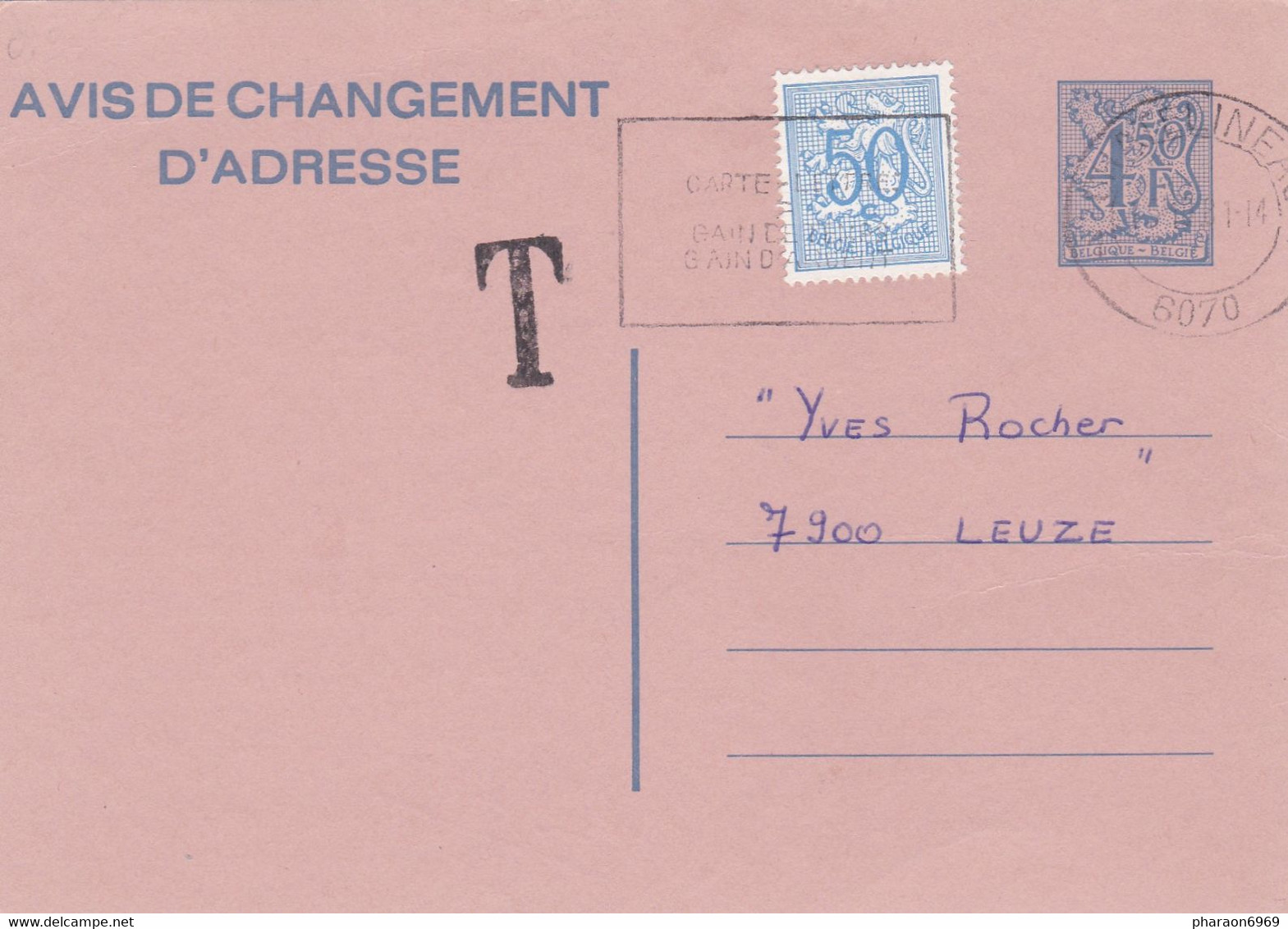 Carte Entier Postal Avis Changement D'adresse + Timbre T Taxe Châtelineau à Leuze - Adreswijziging