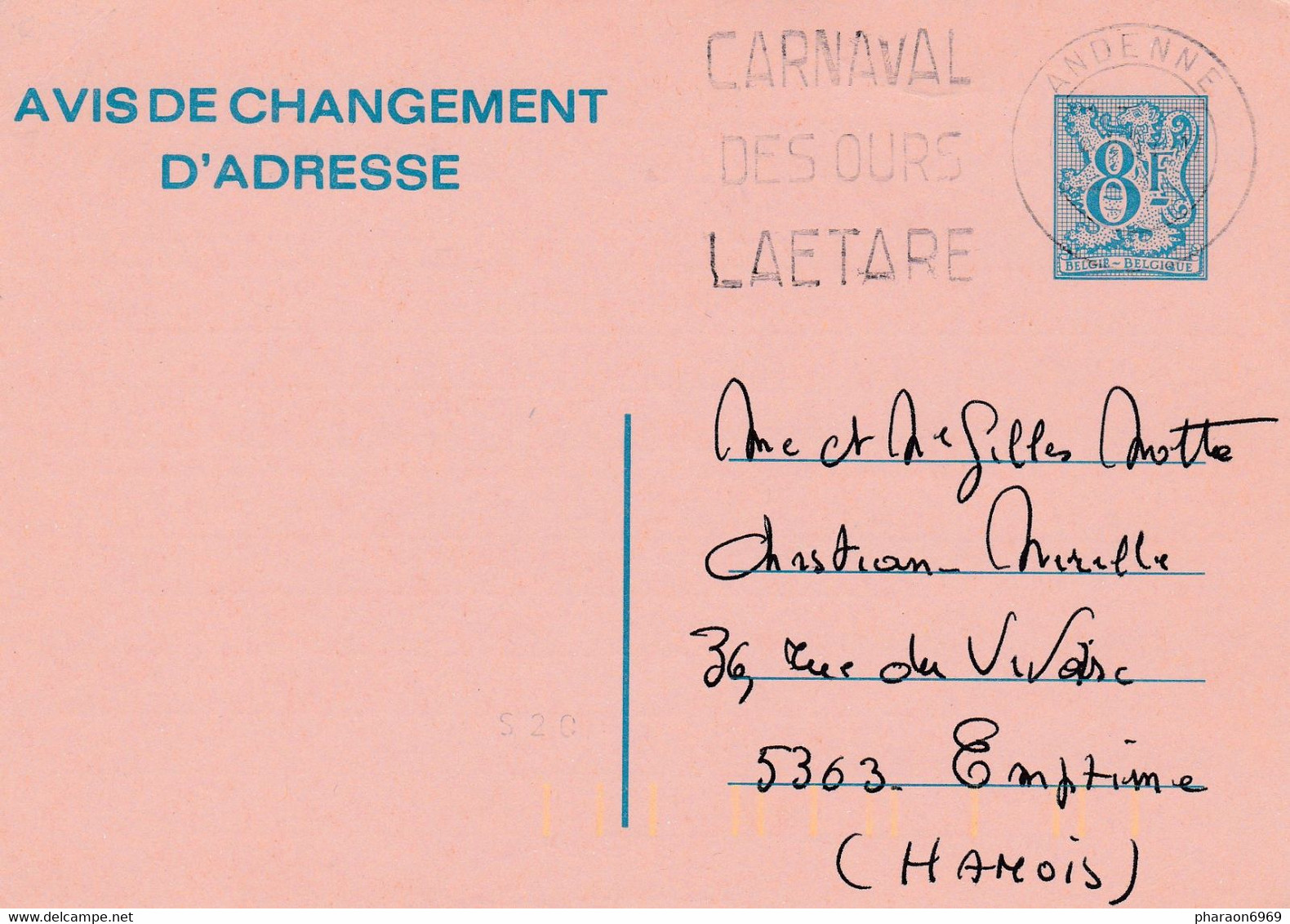 Carte Entier Postal Avis Changement D'adresse Flamme Carnaval Des Ours Laetare Andenne - Adreswijziging