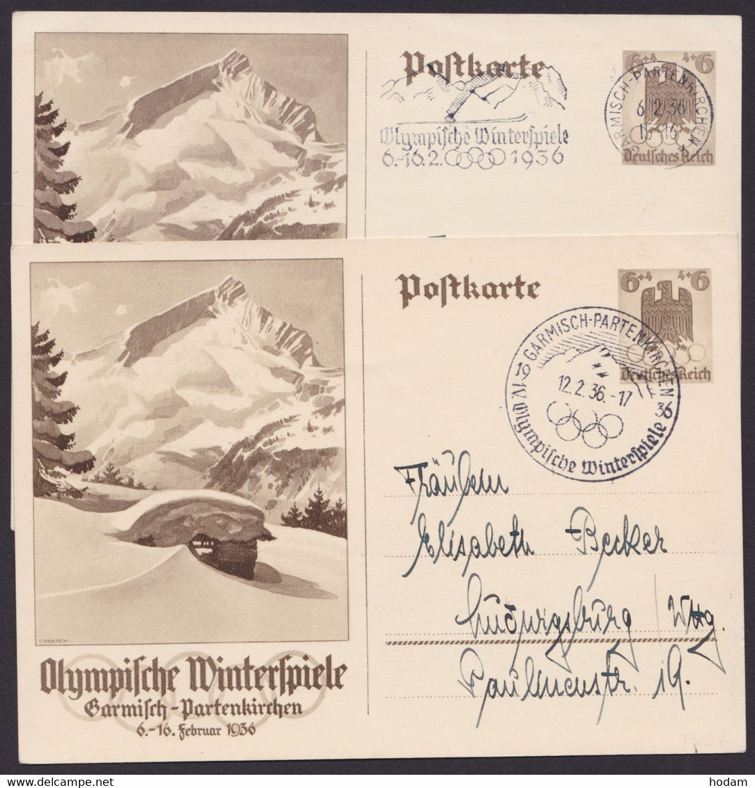 Mi-Nr. P257, "Olympische Winterspiele 1936", 2 Karten, Versch. Sst "Garmisch- Partenkirchen" - Andere & Zonder Classificatie