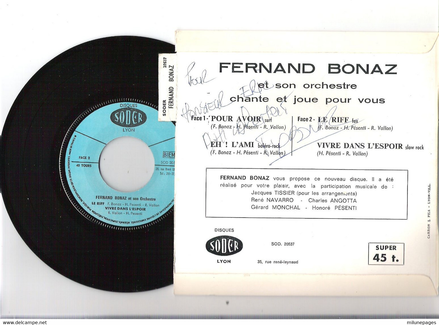 Vinyle 45T EP 4 Titres Fernand Bonaz Et Son Orchestre Chante Et Joue Pochette Dédicacée  Soder 20537 Avec Languette - Instrumentaal