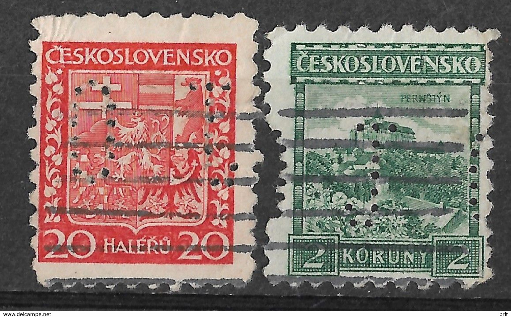 Czechoslovakia 1929 20H & 2K With Perfins. Mi 279 288/Sc 134 154. Used #wca - Errors, Freaks & Oddities (EFO)