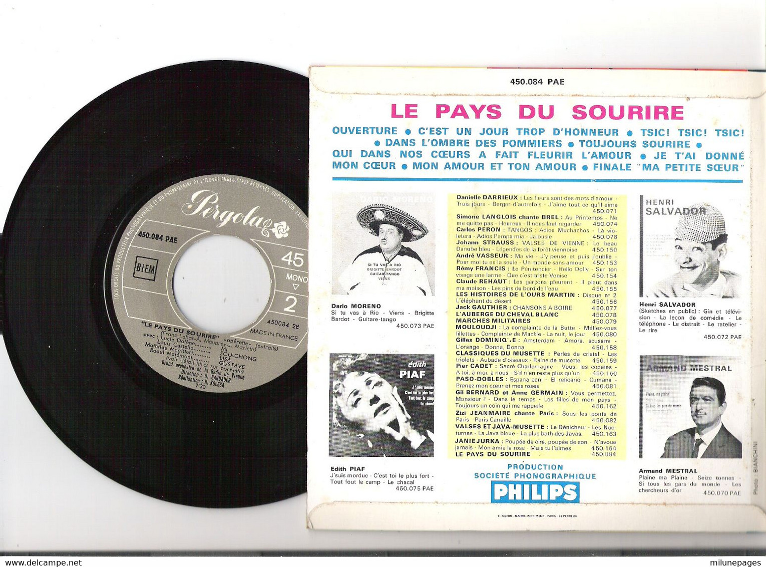 Vinyle 45T EP Extraits Opérette Le Pays Du Sourire Orchestre De De La Radio De Vienne Label Pergola 450084 - Opere