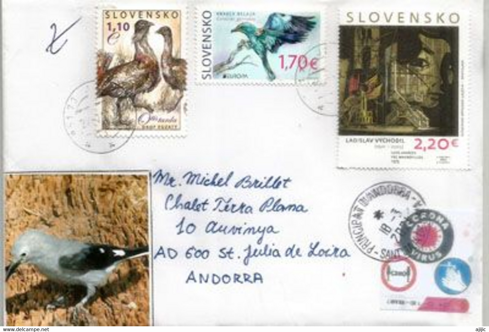Lettre Slovaquie(oiseaux) Adressée Andorra Pendant Le Confinement COVID19,avec Vignette Locale Prevention Coronavirus - Briefe U. Dokumente