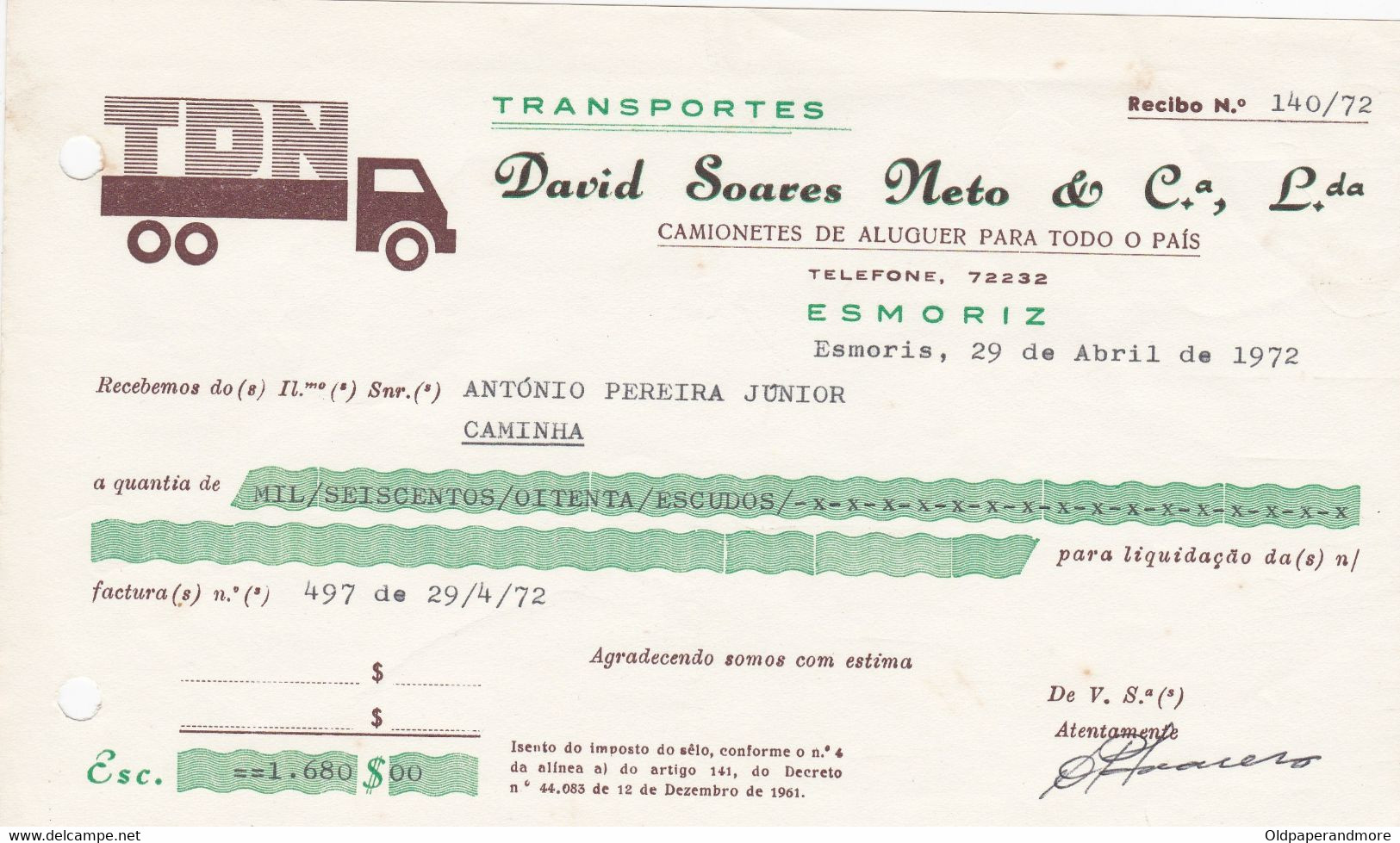 PORTUGAL - COMMERCIAL DOCUMENT - INVOICE . TRANSPORTATION - TRANSPORT - TDN - ESMORIZ - Portugal