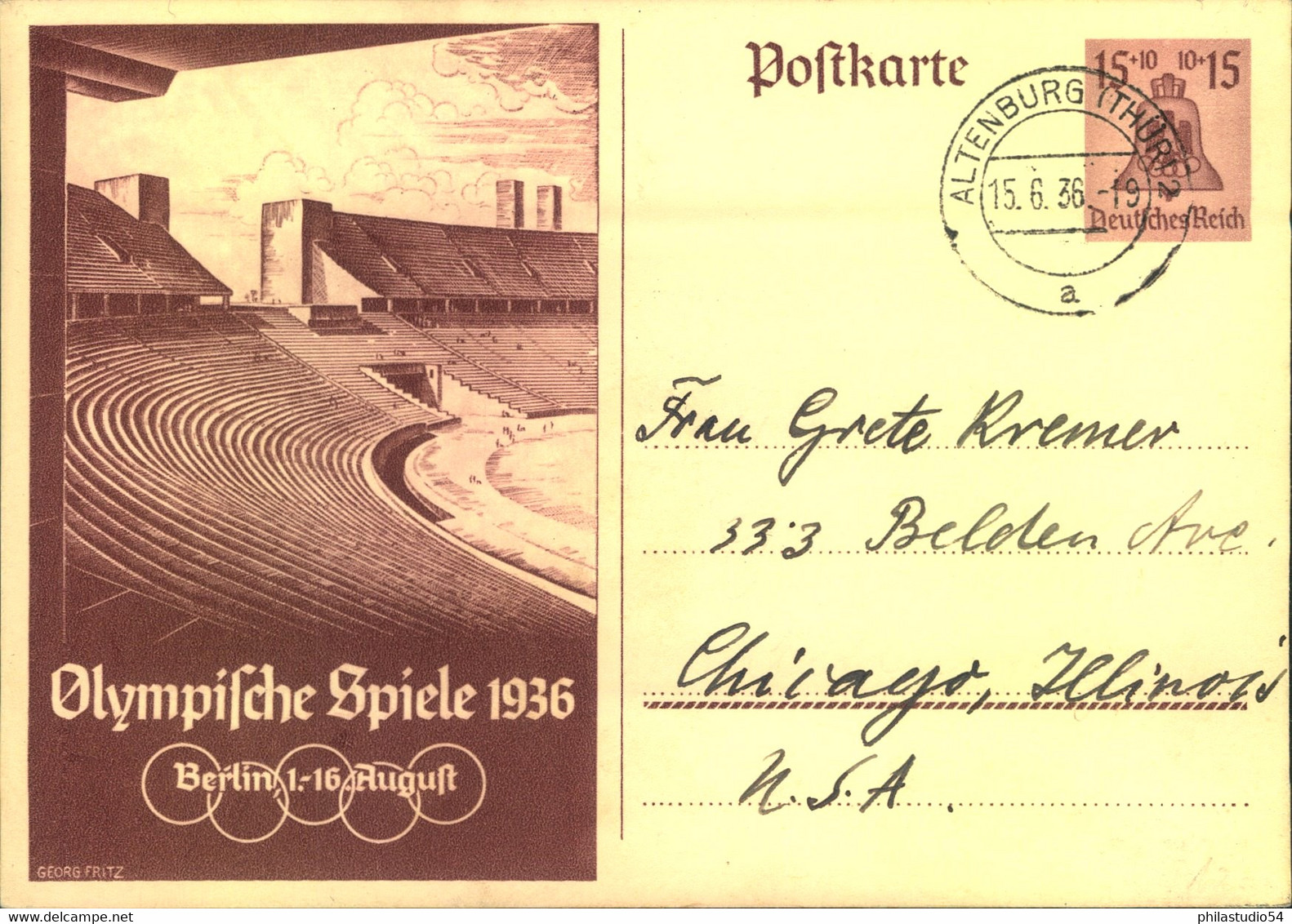 1939, 15 Pfg. Olympia-Ganzachenkarte Für Berlin Ab "ALTENBURG 15.6.36" (ERSTTAG!) Nach USA - Autres & Non Classés