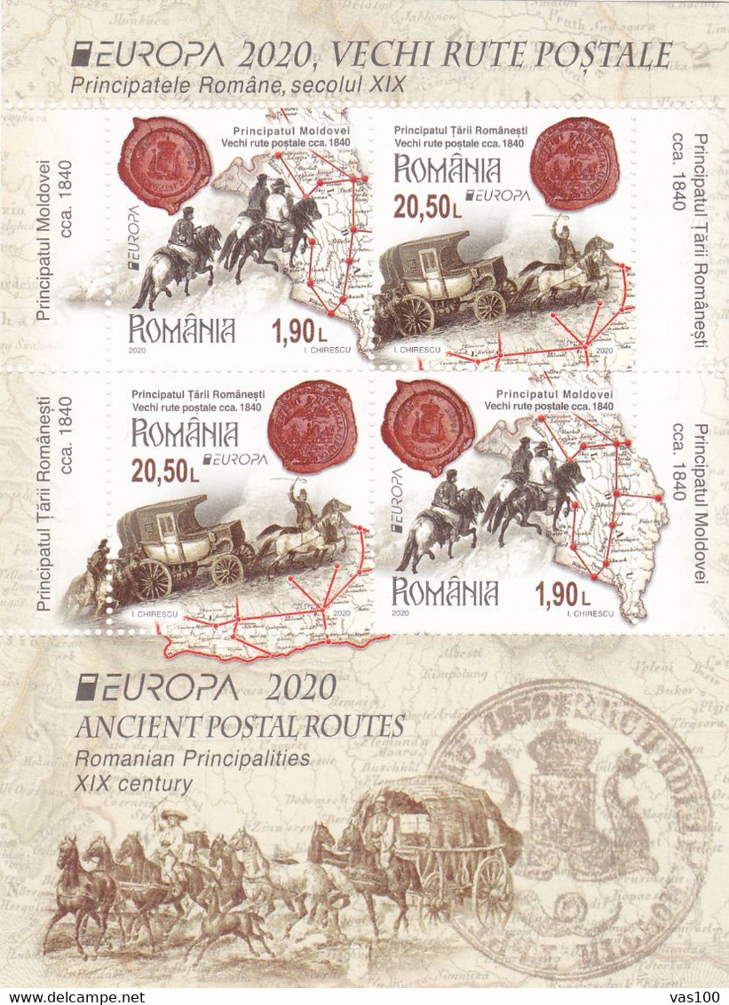 ROMANIA EUROPA CEPT - 2020 - Ancient Postal Routes -- M/S -Block,I , -with 4 Val (2 Sets) MNH**,EXTRA PRICE! - Full Sheets & Multiples