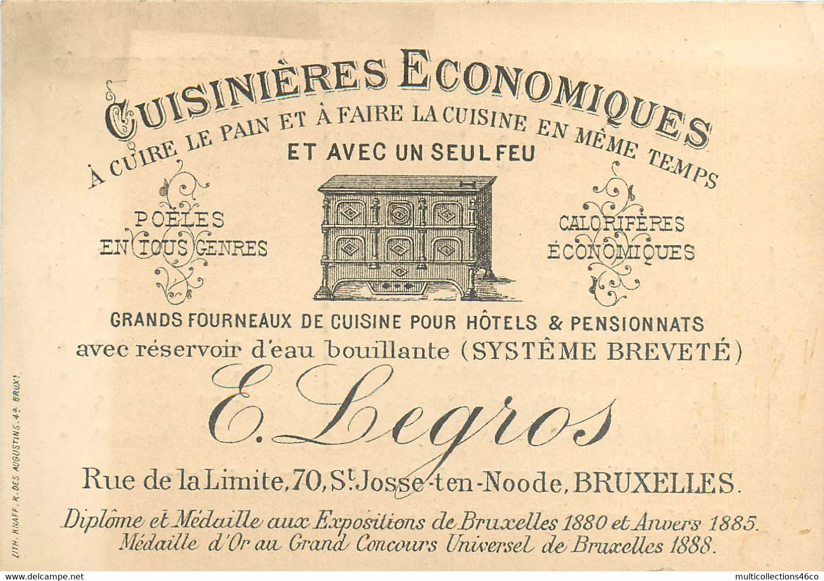 200321B - CARTE DE VISITE XIXème - BELGIQUE BRUXELLES Cuisinière Poêle Fourneau E LEGROS Expo 1880 1885 1888 Tarif - Ambachten