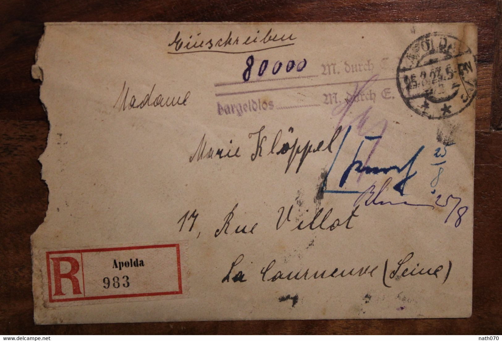 1929 Apolda La Courneuve France Einschreiben Deutsches Reich Allemagne Cover Germany Taxe - Covers & Documents