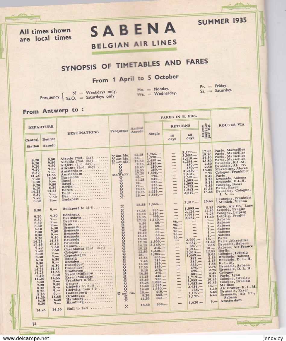 TRES BEAU DOCUMENT TIMETABLE AND FARES  APRIL TO  OCTOBER BELGIAN AIR LINES REF 70462