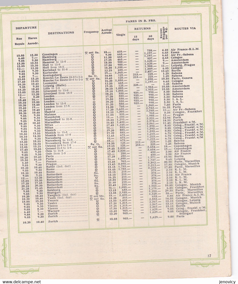 TRES BEAU DOCUMENT TIMETABLE AND FARES  APRIL TO  OCTOBER BELGIAN AIR LINES REF 70462