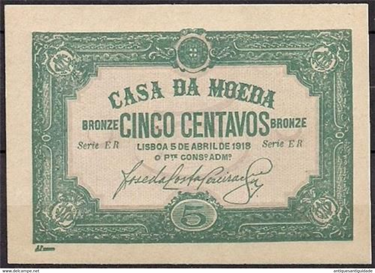 PORTUGAL Portuguese 5 Centavos 1918 P-97  SERIES ER  EXTRA RARE  UNC - Portugal