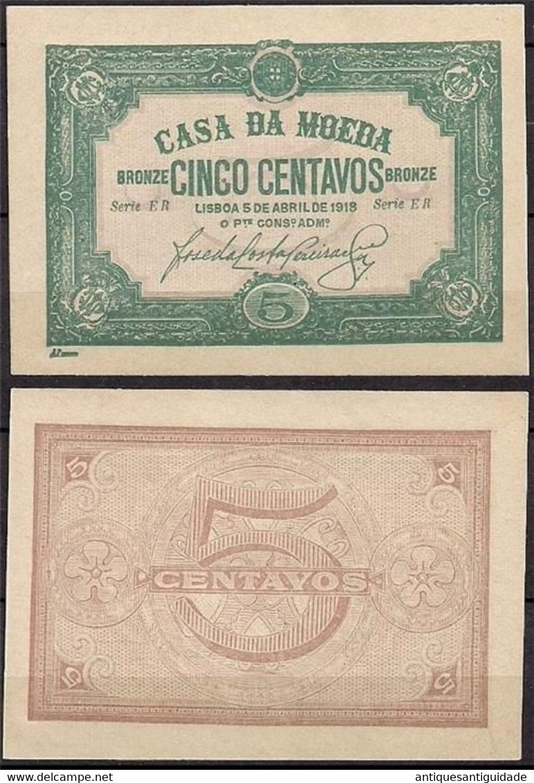 PORTUGAL Portuguese 5 Centavos 1918 P-97  SERIES ER  EXTRA RARE  UNC - Portugal