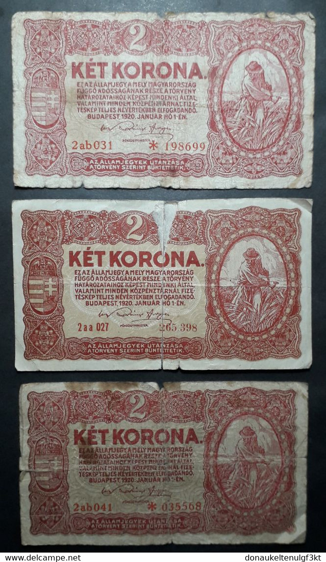 Lot 3 Banknotes Hungary 2 Korona 1920 (2) - Hongarije