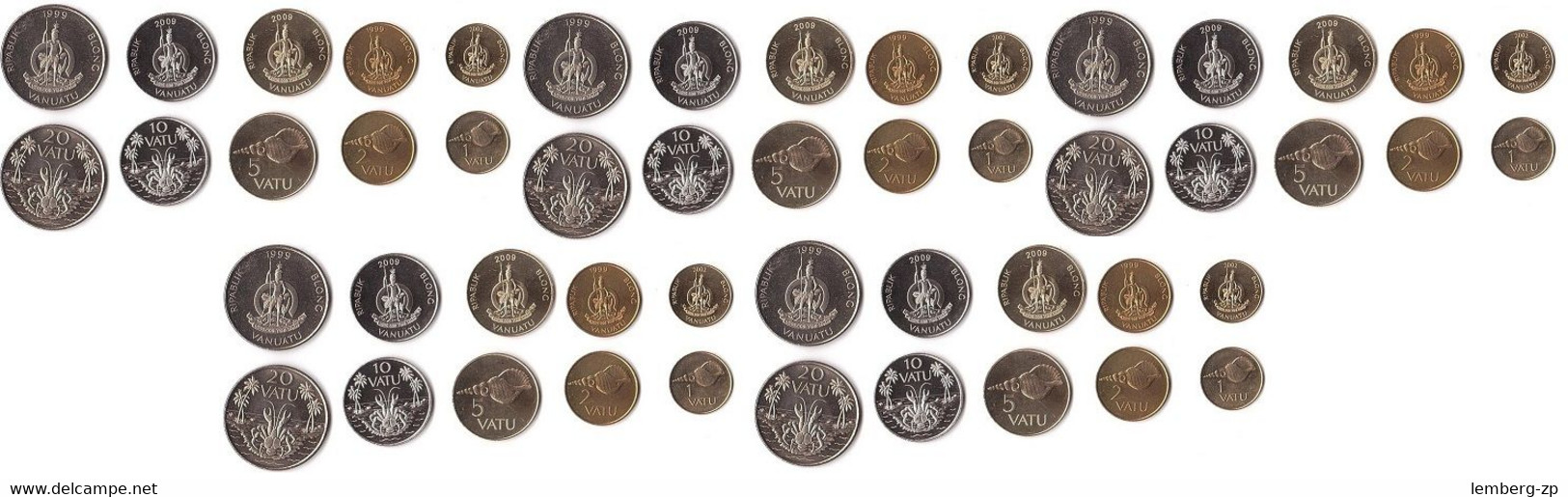 Vanuatu - 5 Pcs X Set 5 Coins 1 2 5 10 20 Vatu 1999 - 2009 UNC Lemberg-Zp - Vanuatu