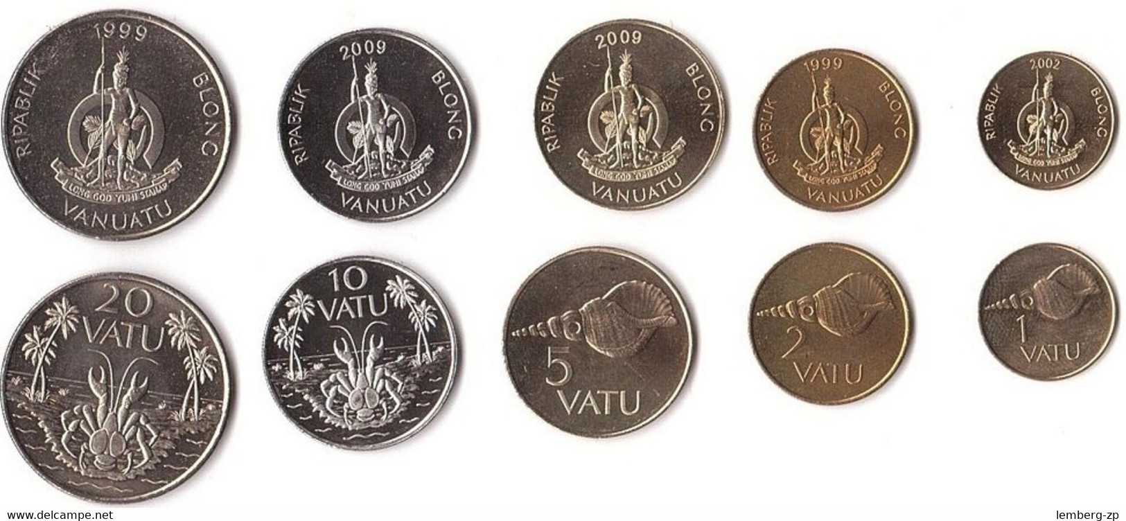 Vanuatu - 5 Pcs X Set 5 Coins 1 2 5 10 20 Vatu 1999 - 2009 UNC Lemberg-Zp - Vanuatu