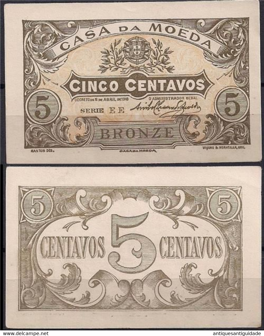 PORTUGAL Portuguese 5 Centavos 1918 P-99  UNC Buy With Confidence PREFIX EE - Portugal