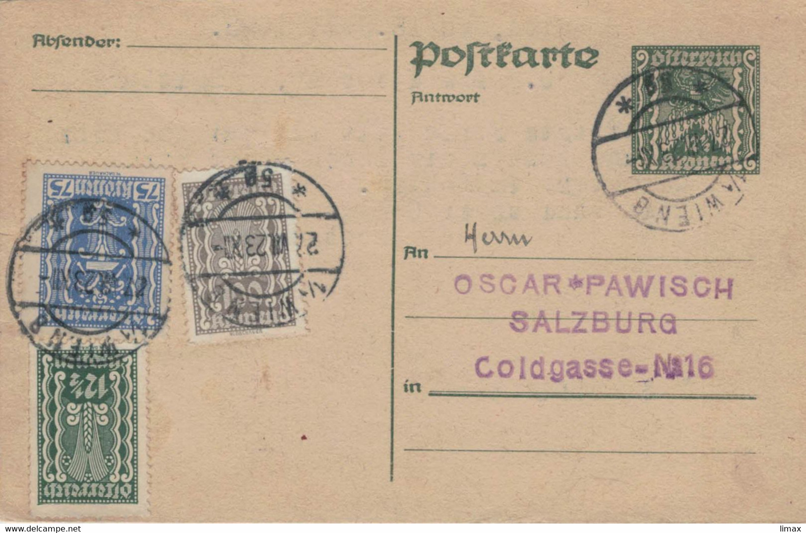 Infla Ganzsache 12 1/2 Kronen & 12 1/2 + 75 + 100 Kronen - Wien 27.7.1923 - Briefmarkenhändlerverein Wien Auskunft - Briefe U. Dokumente