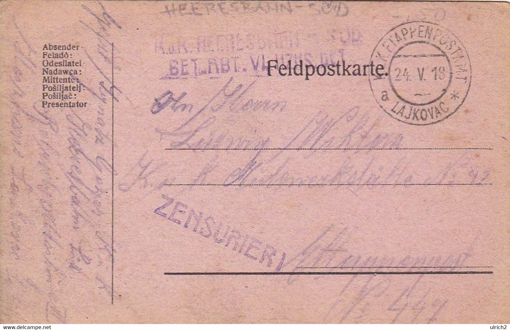 Feldpostkarte - K.u.k. Heeresbahn Süd - Betriebsabteilung VI Leskovac - 1918 (54954) - Briefe U. Dokumente