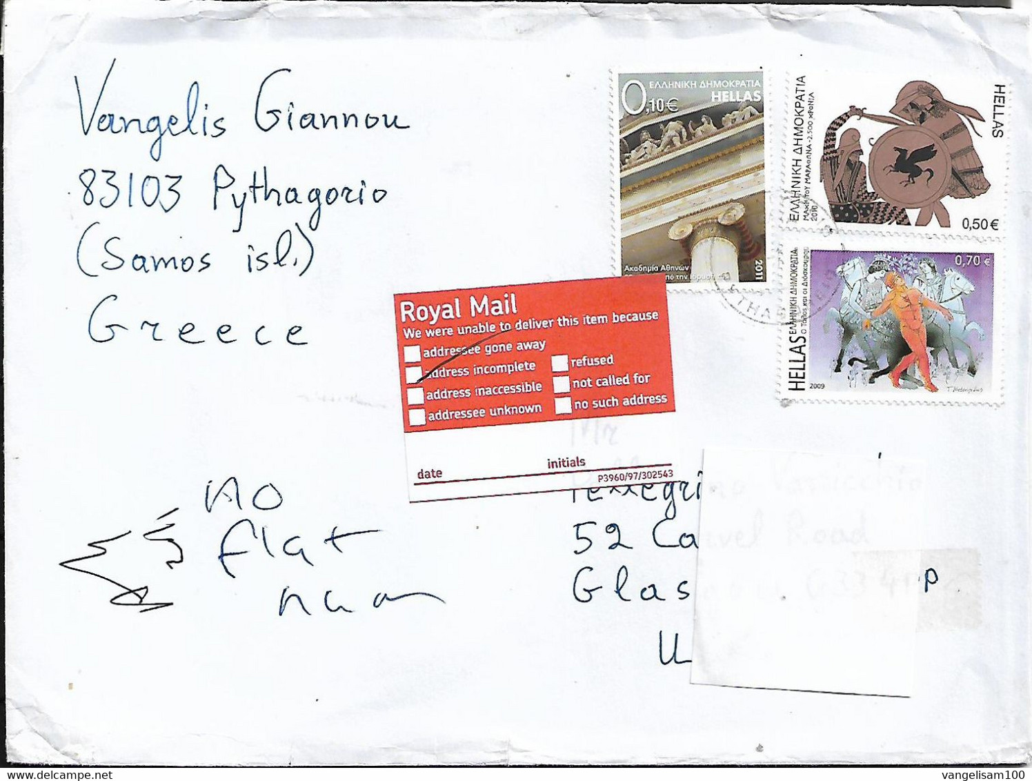 GREECE Cover Sent To Glasgow 3 Stamps RETURN TO SENDER COVER USED - Storia Postale