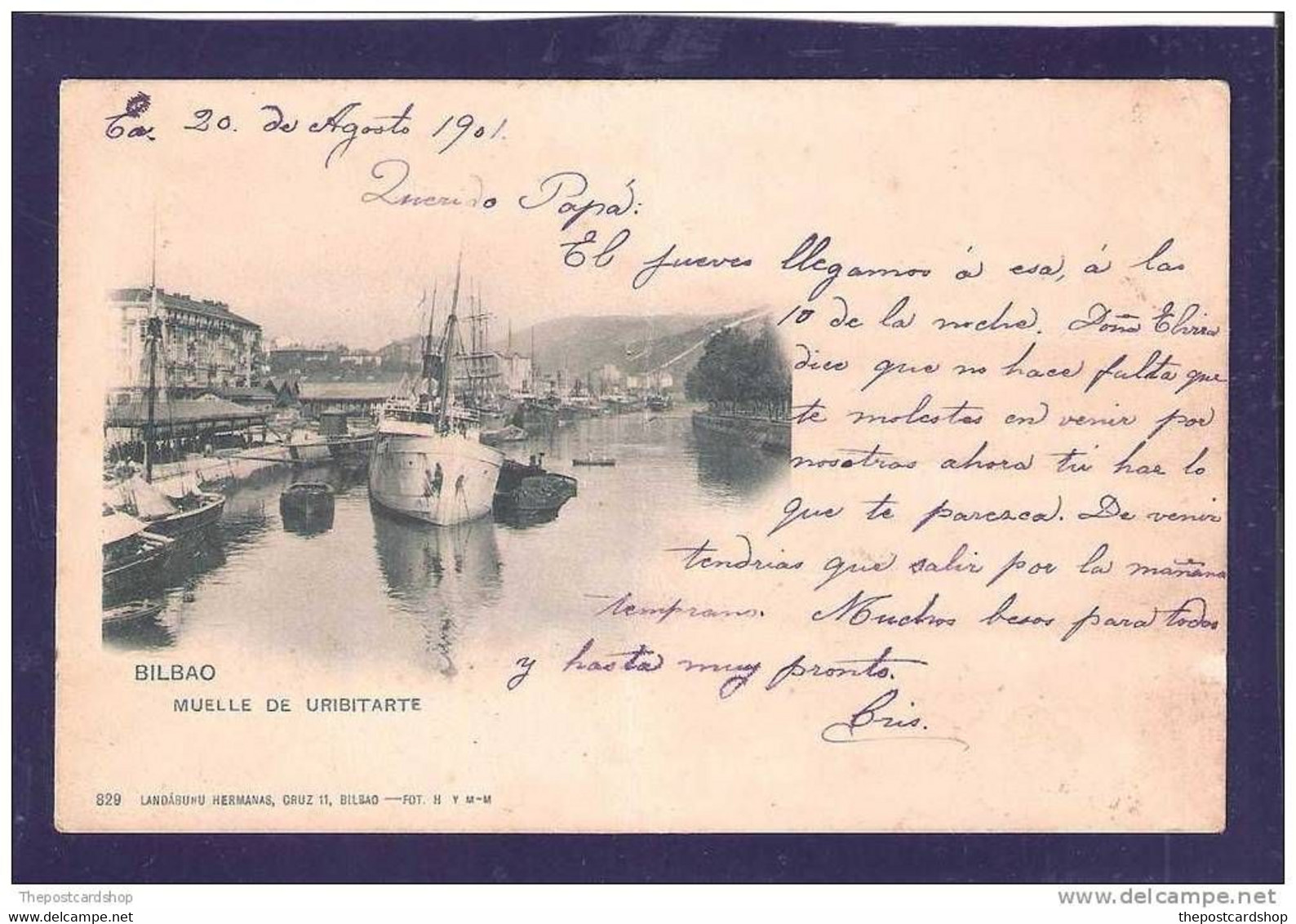 SPAIN ESPANA BILBAO MUELLE DE URIBITARTE USED 1901 VERY LIGHT CREASE Nº 829 DOS NON DIVISE MORE BILBAO & SPAIN LISTED - Vizcaya (Bilbao)