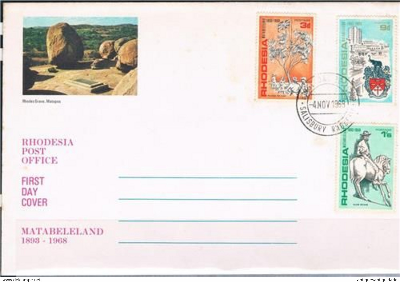 RHODESIA Fdc 4 NOV 1968 RHODES GRAVE MATOPOS MATABELELAND 1893-1968 VERY FINE - Rhodesië & Nyasaland (1954-1963)