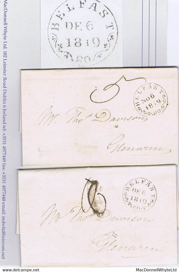 Ireland Belfast 1819 Fancy Mileage Cds BELFAST 80 On Two Letters To Glenarm, One Returning Altered Bank Note "£1 To £3" - Préphilatélie