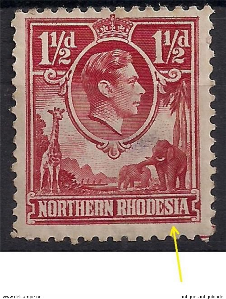 1938 Ca-red 1½d Position 7/1 Printer’s Mark Lower Right, Diagonal Shift Of Frame - Rodesia Del Norte (...-1963)