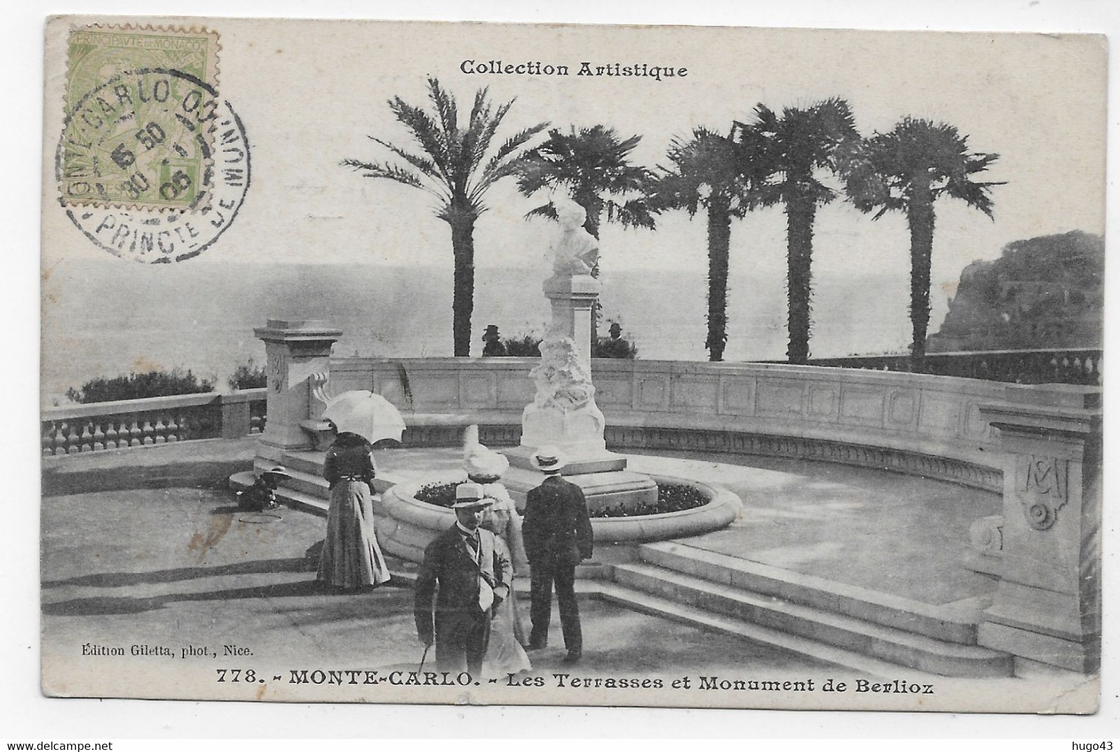 (RECTO / VERSO) MONTE CARLO EN 1905 - LES TERRASSES ET MONUMENT DE BERLIOZ - TIMBRE ET CACHET DE MONACO - CPA - Monte-Carlo