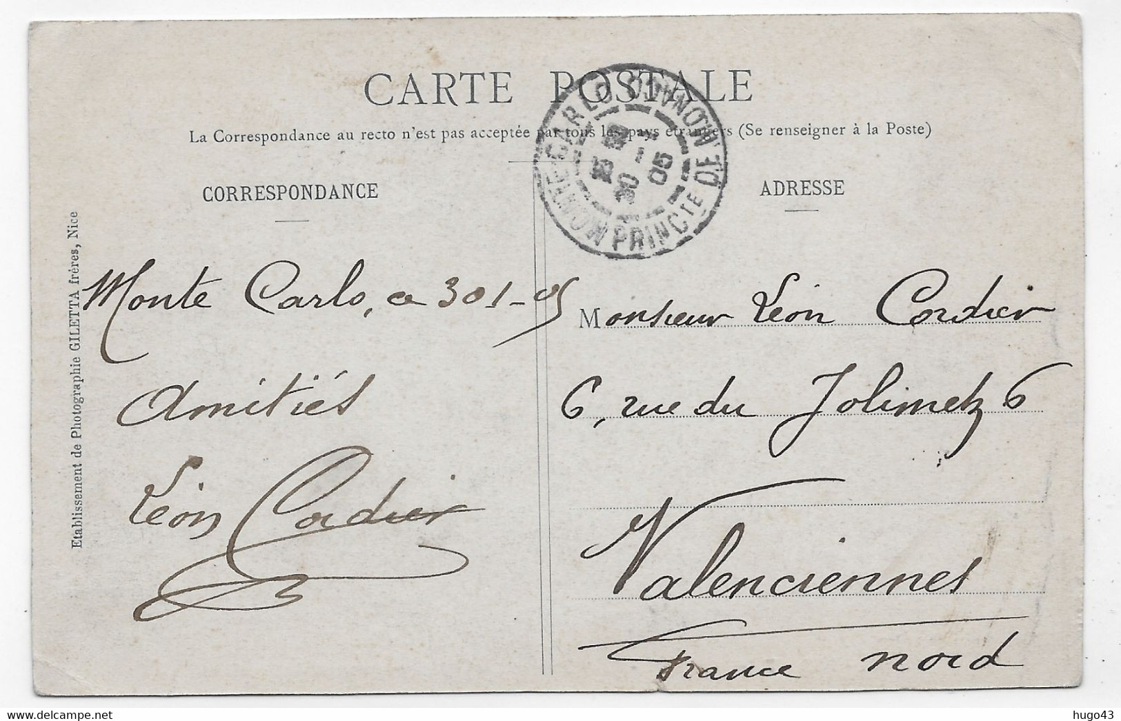 (RECTO / VERSO) MONTE CARLO EN 1905 - LES TERRASSES ET MONUMENT DE BERLIOZ - TIMBRE ET CACHET DE MONACO - CPA - Monte-Carlo