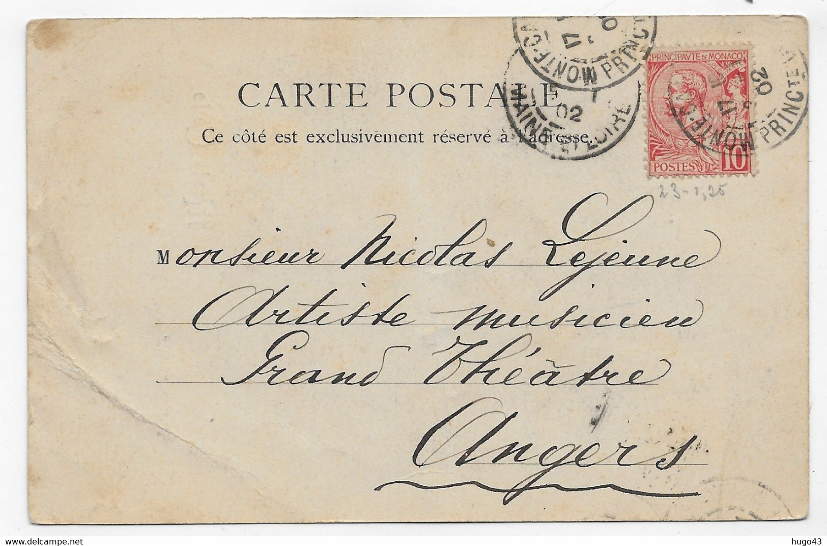 (RECTO / VERSO) MONTE CARLO EN 1902 - THEATRE ET JARDIN - TIMBRE ET CACHET DE MONACO - PLIS ANGLE BAS A GAUCHE ET CENTRE - Opera House & Theather