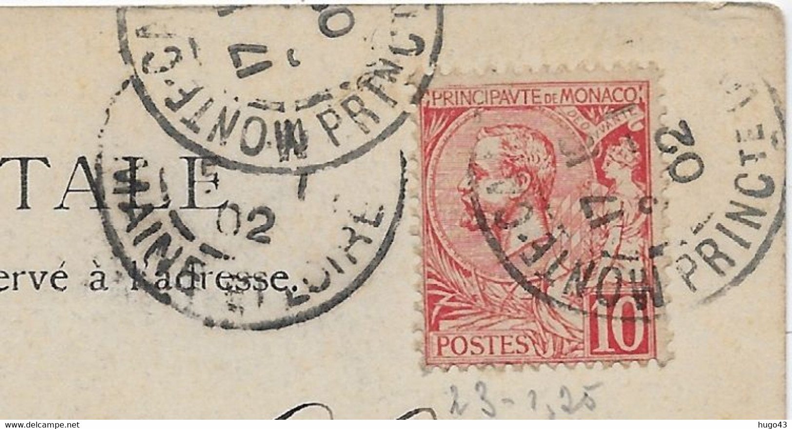 (RECTO / VERSO) MONTE CARLO EN 1902 - THEATRE ET JARDIN - TIMBRE ET CACHET DE MONACO - PLIS ANGLE BAS A GAUCHE ET CENTRE - Opera House & Theather