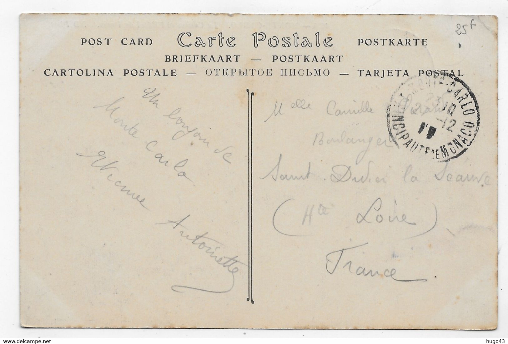 (RECTO / VERSO) MONTE CARLO EN 1911 - N° 1135 - HOTEL DE PARIS - TIMBRE ET CACHET DE MONACO - CASSURE ANGLE HT A G.  CPA - Alberghi