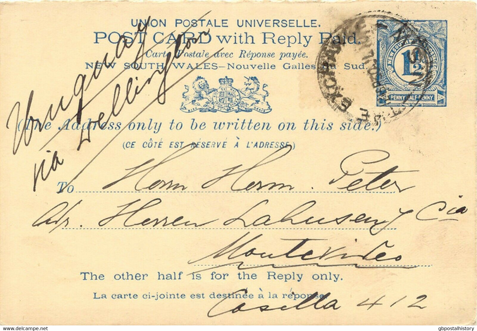 NEW SOUTH WALES 1910 1 1/2 D VFU Postal Stationery Double Postcard To URUGUAY RR - Brieven En Documenten