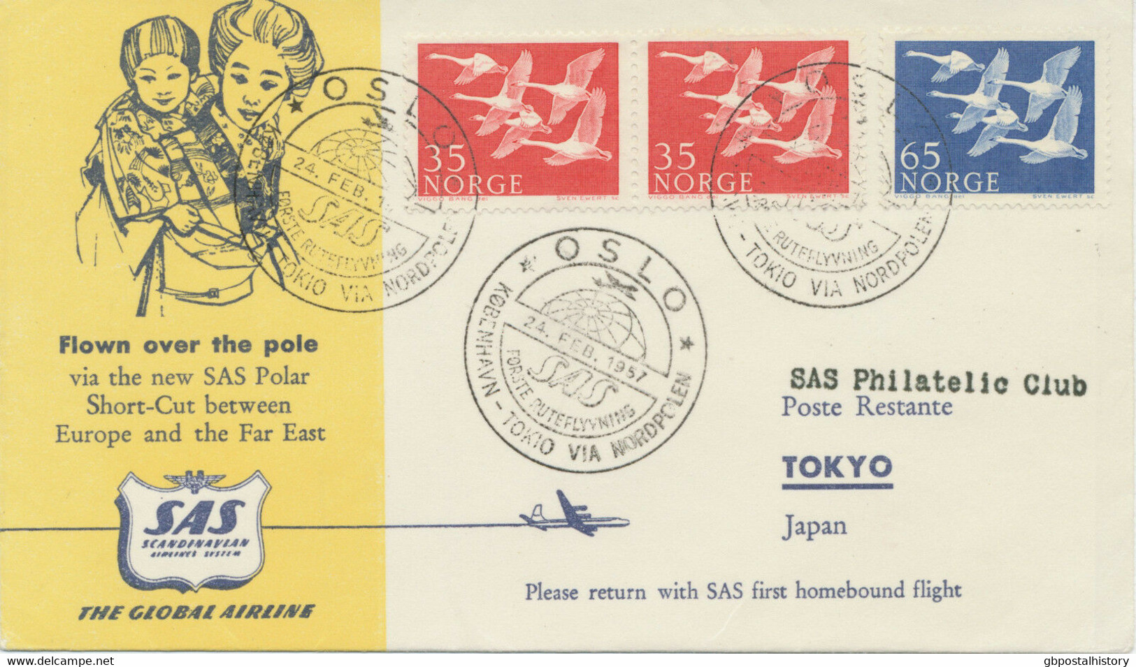 NORWAY 1957 First Direct Flight "OSLO - TOKYO Via NORDPOL" First Flight With SAS - Covers & Documents