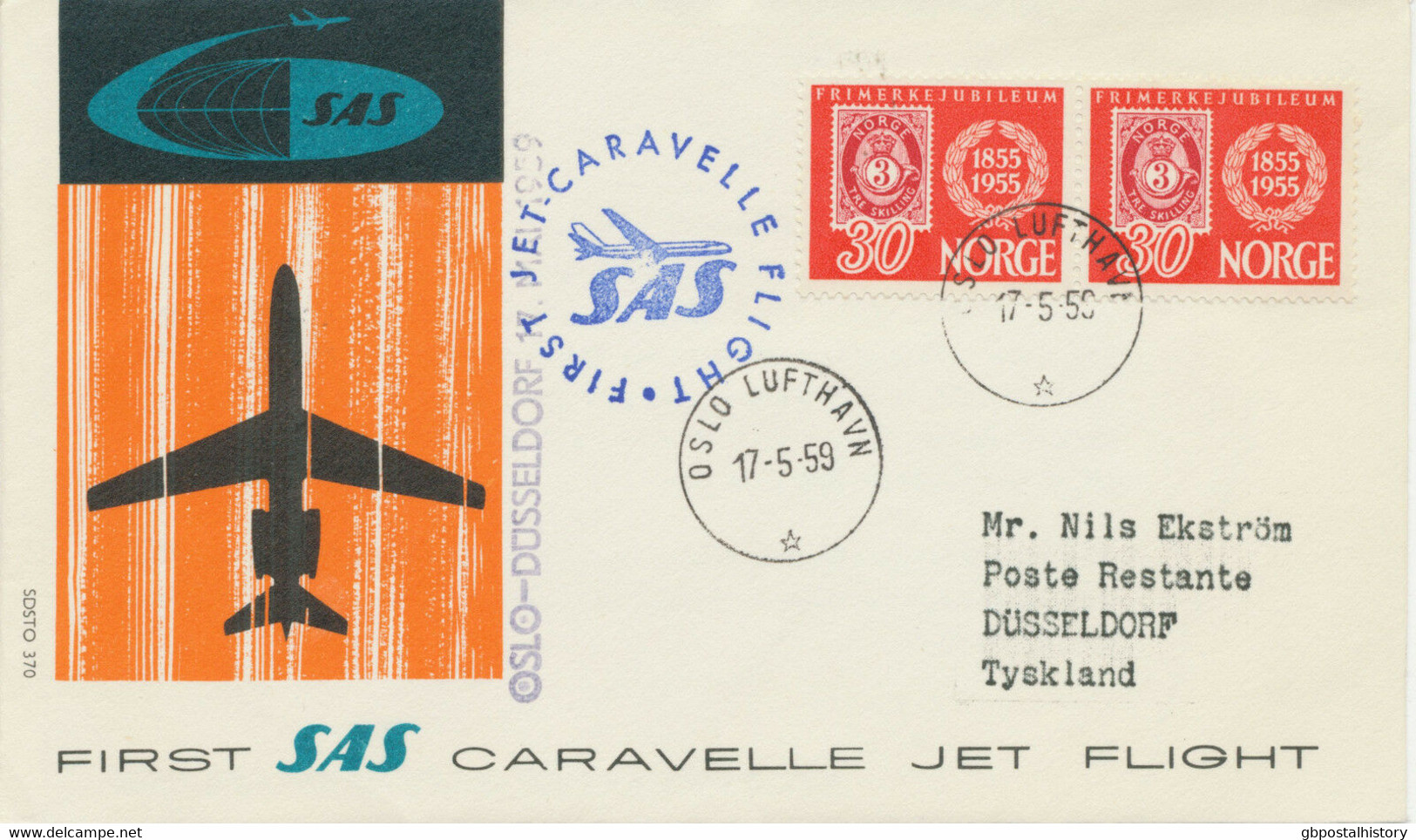 NORWAY 1959, First Flight SAS First Caravelle Jet Flight "OSLO - DÜSSELDORF" - Lettres & Documents