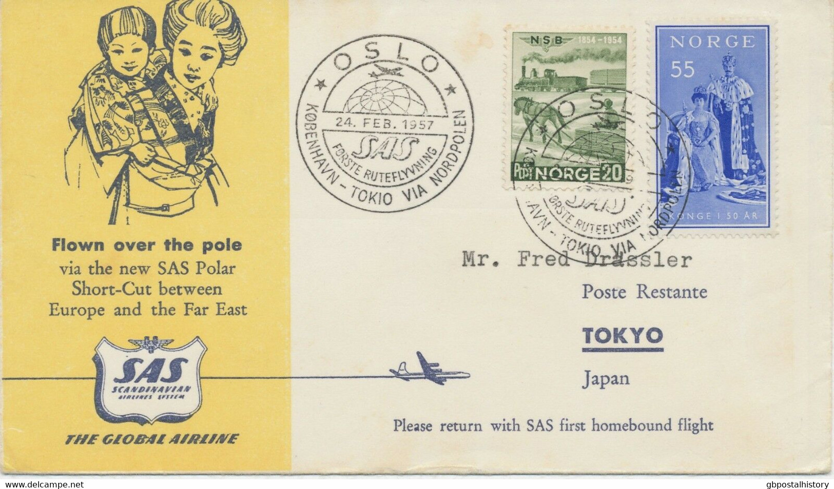 NORWEGEN 1957 Erstflug (Hin- U. Rückflug) Der SAS "OSLO - KOPENHAGEN - TOKYO" - Covers & Documents