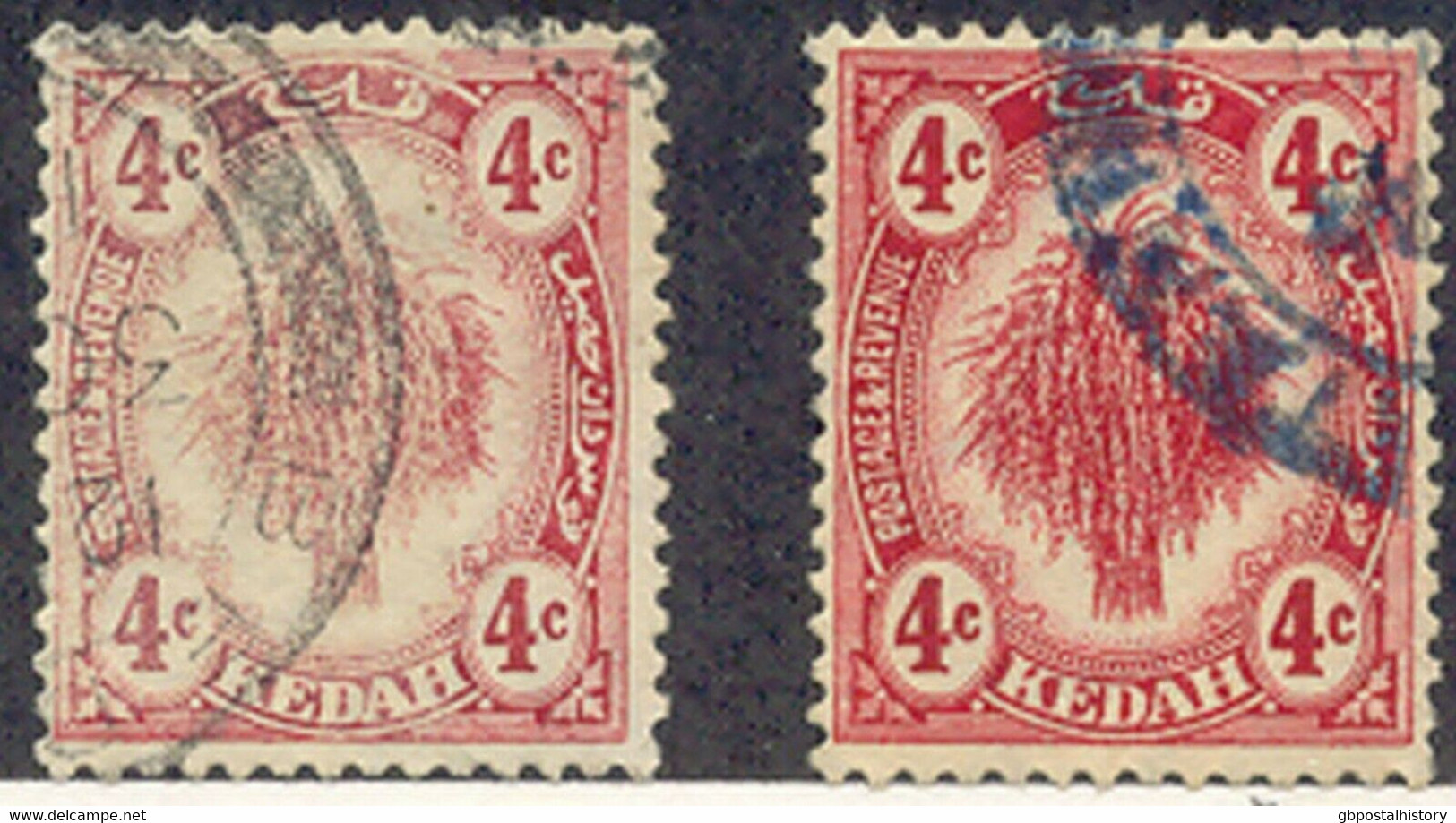 MALAYA KEDAH 1921 Rice Sheaf 4 Cents Red VFU MAJOR ERROR & VARIETY: DRY PRINT - Kedah