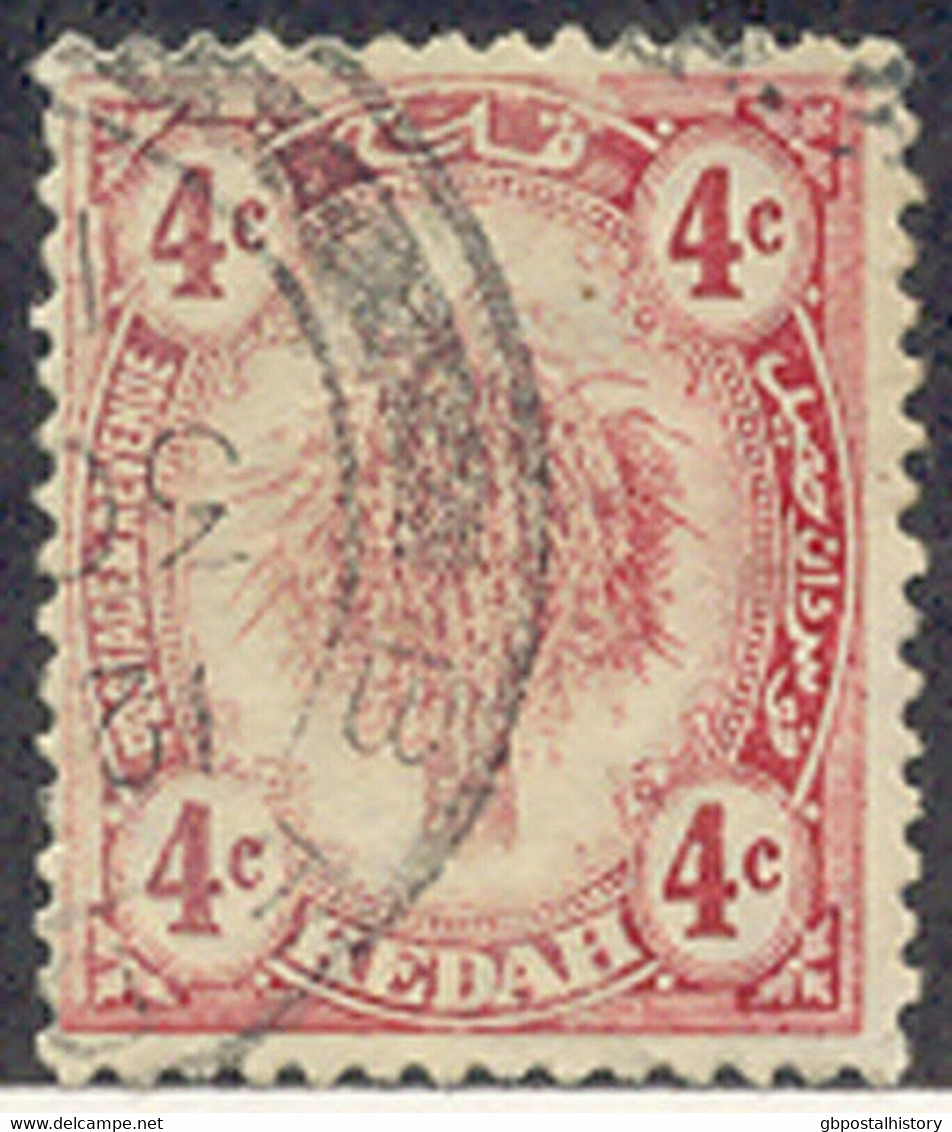 MALAYA KEDAH 1921 Rice Sheaf 4 Cents Red VFU MAJOR ERROR & VARIETY: DRY PRINT - Kedah