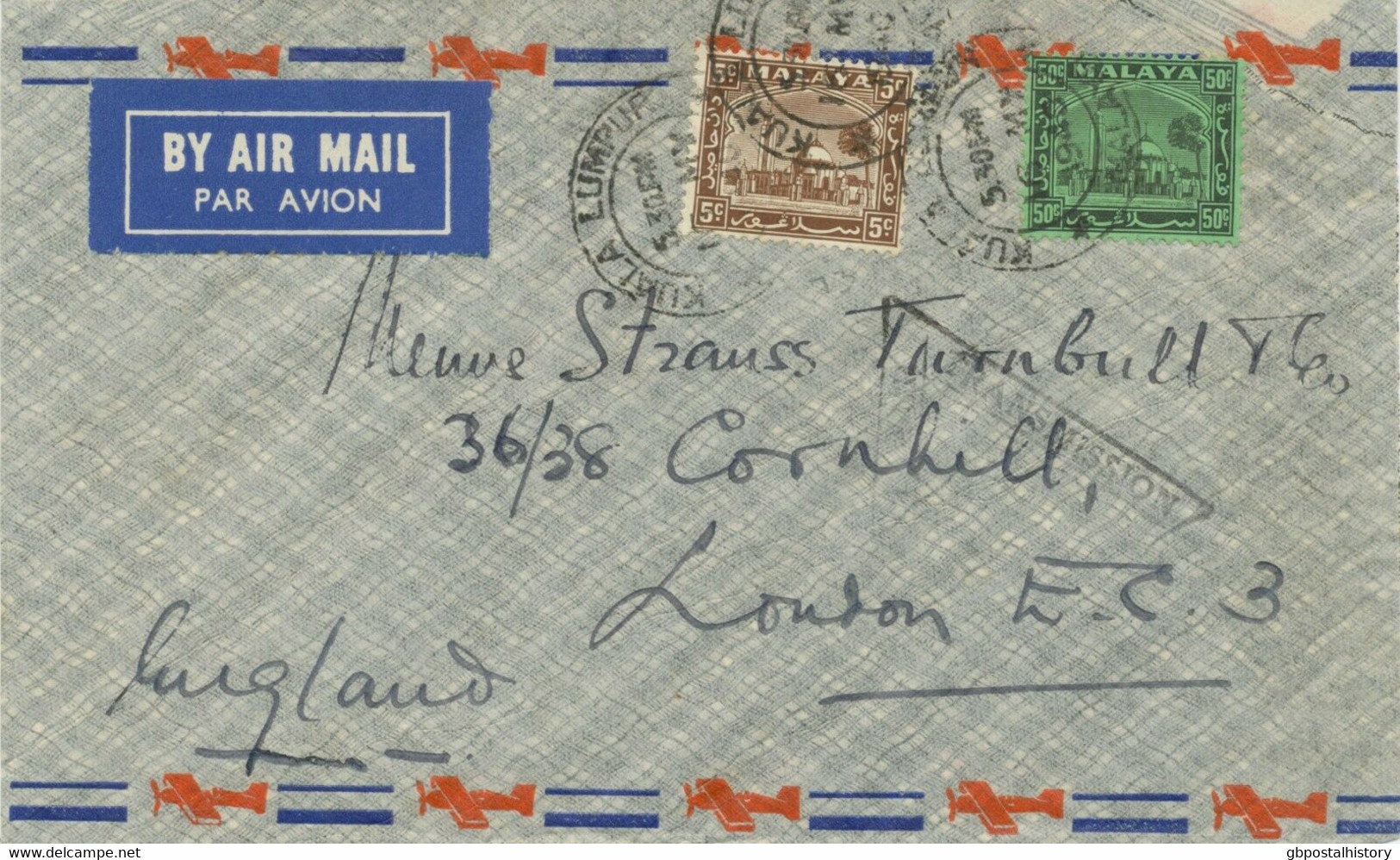 MALAYA SELANGOR 1940 Mosque And Palace 5 C And 50 C On VF Airmail-censor-cover - Selangor